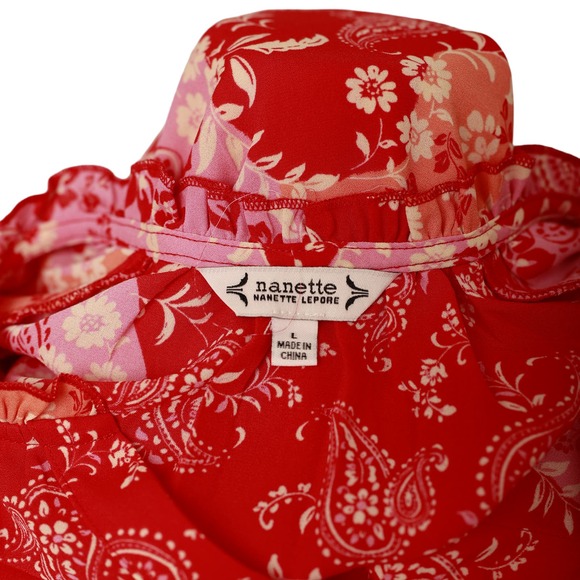 NANETTE LEPORE Colorful Blouse Womens Size L Pink Red Paisley Short Sleeve Top - Picture 2 of 4